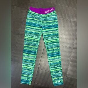 NIKE GIRLS LIME GREEN AND PURPLE SIZE LARGE NIKE PRO LEGGINGS